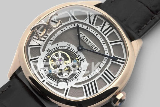 Replica Cartier Drive de Cartier Tourbillon Grey Dial in Rose Gold on Black Leather Strap | Declock.