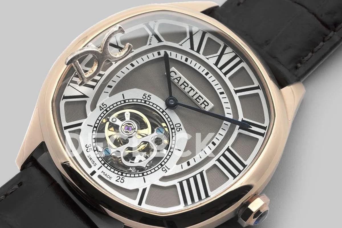 Replica Cartier Drive de Cartier Tourbillon Grey Dial in Rose Gold on Black Leather Strap |  Declock.