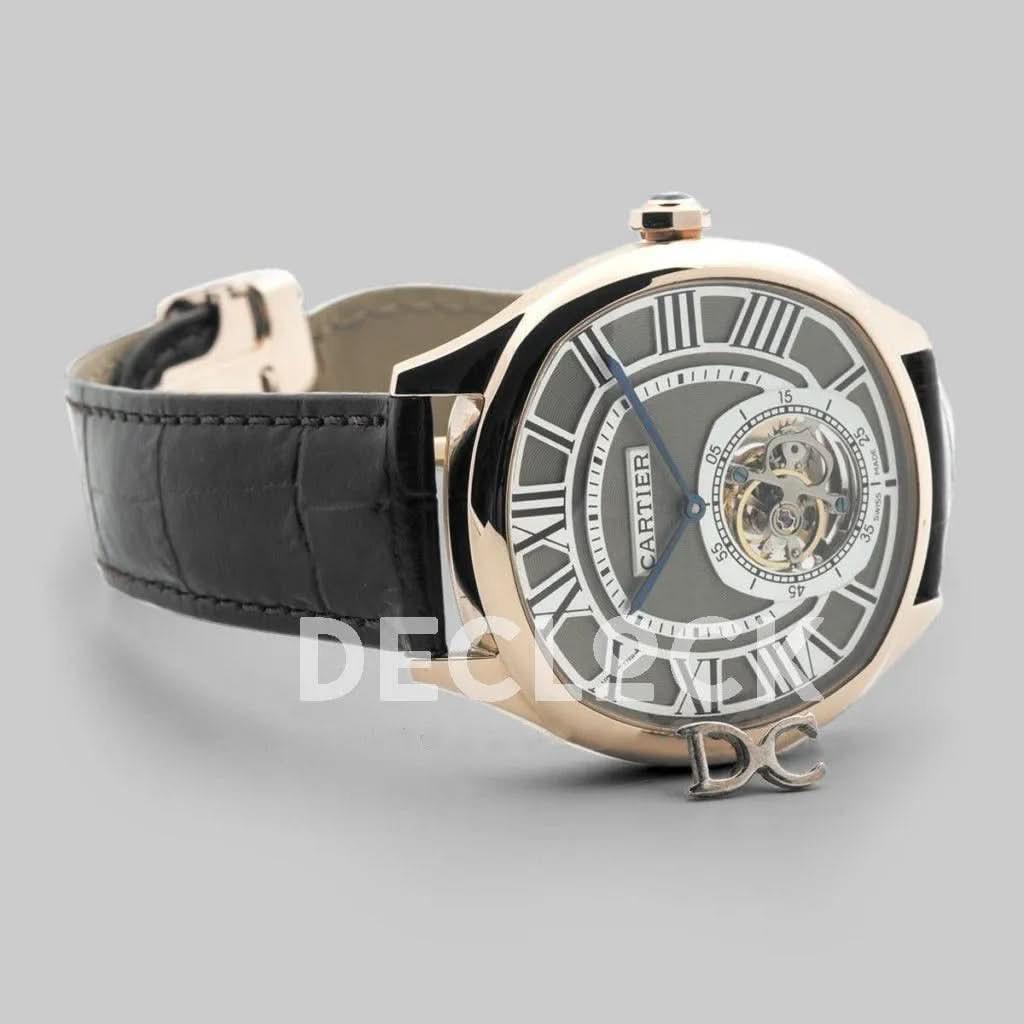 Replica Cartier Drive de Cartier Tourbillon Grey Dial in Rose Gold on Black Leather Strap |  Declock.