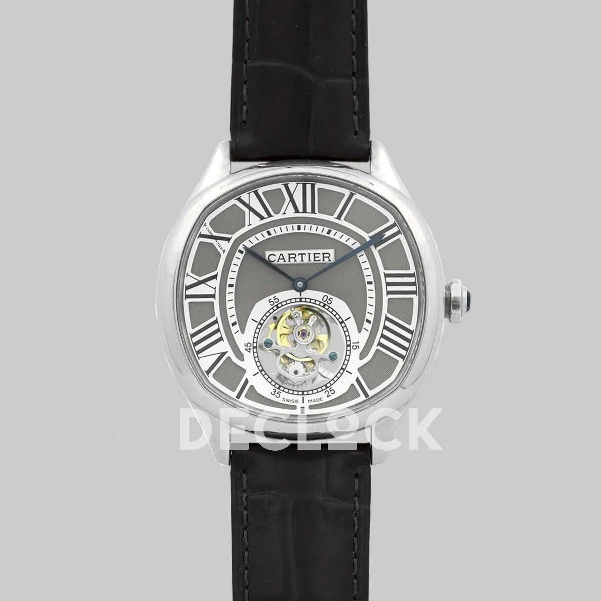Replica Cartier Drive de Cartier Tourbillon Grey Dial in Steel on Black Leather Strap |  Declock.
