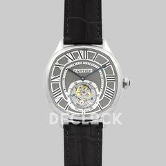 Replica Cartier Drive de Cartier Tourbillon Grey Dial in Steel on Black Leather Strap