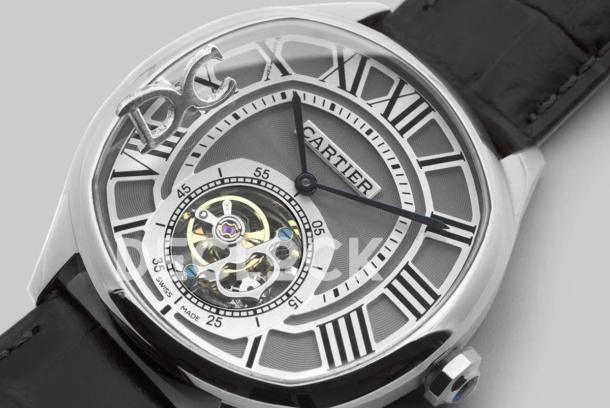 Replica Cartier Drive de Cartier Tourbillon Grey Dial in Steel on Black Leather Strap