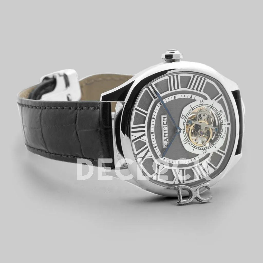 Replica Cartier Drive de Cartier Tourbillon Grey Dial in Steel on Black Leather Strap