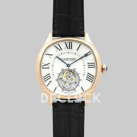 Replica Cartier Drive de Cartier Tourbillon White Dial in Rose Gold on Black Leather Strap | Declock.