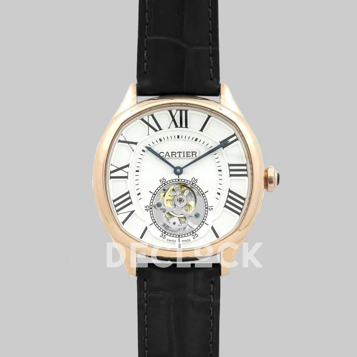 Replica Cartier Drive de Cartier Tourbillon White Dial in Rose Gold on Black Leather Strap |  Declock.