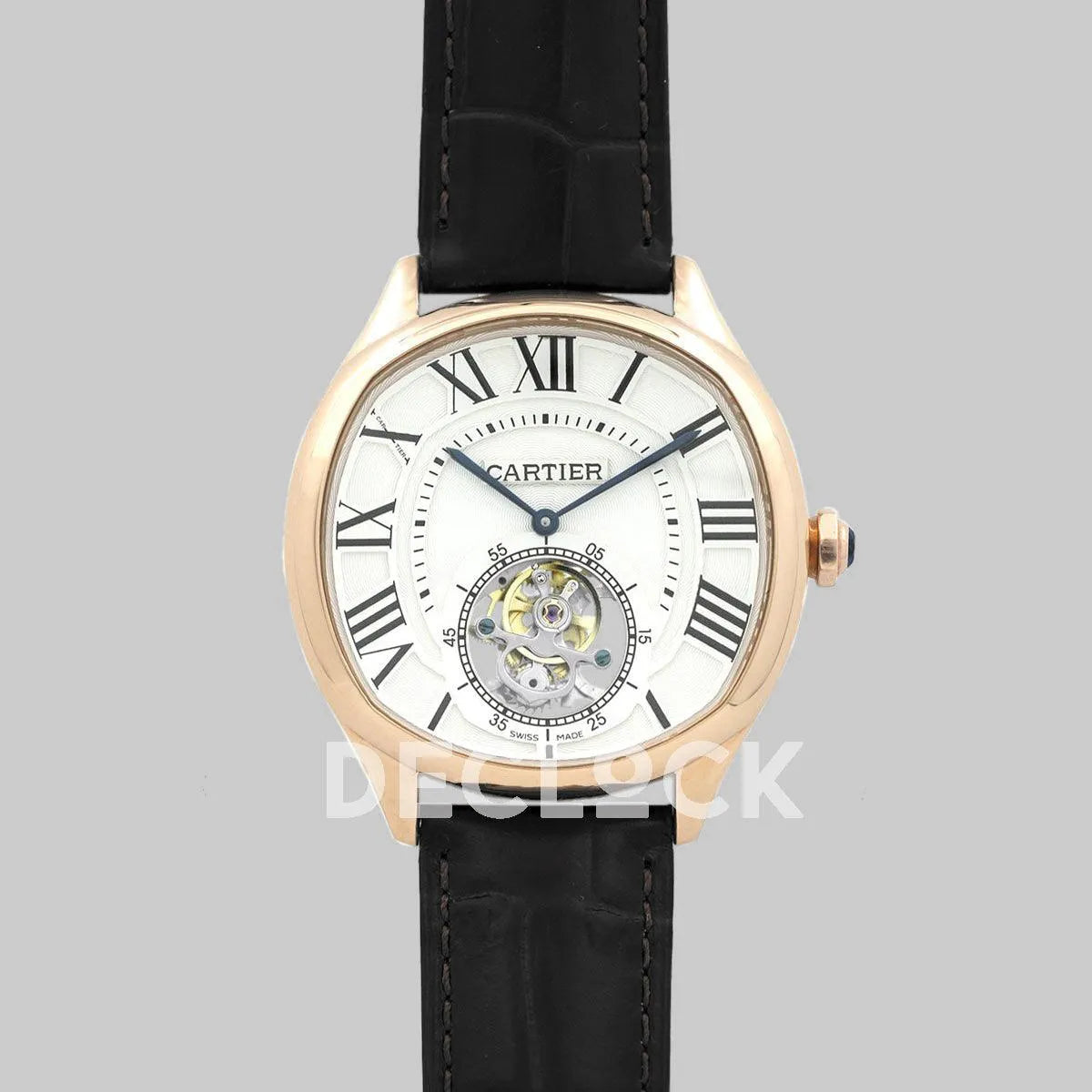 Replica Cartier Drive de Cartier Tourbillon White Dial in Rose Gold on Black Leather Strap