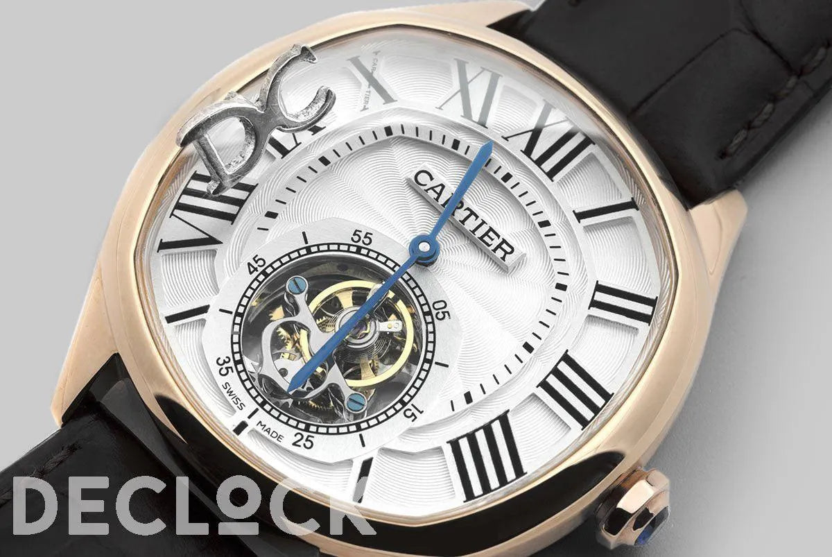 Replica Cartier Drive de Cartier Tourbillon White Dial in Rose Gold on Black Leather Strap