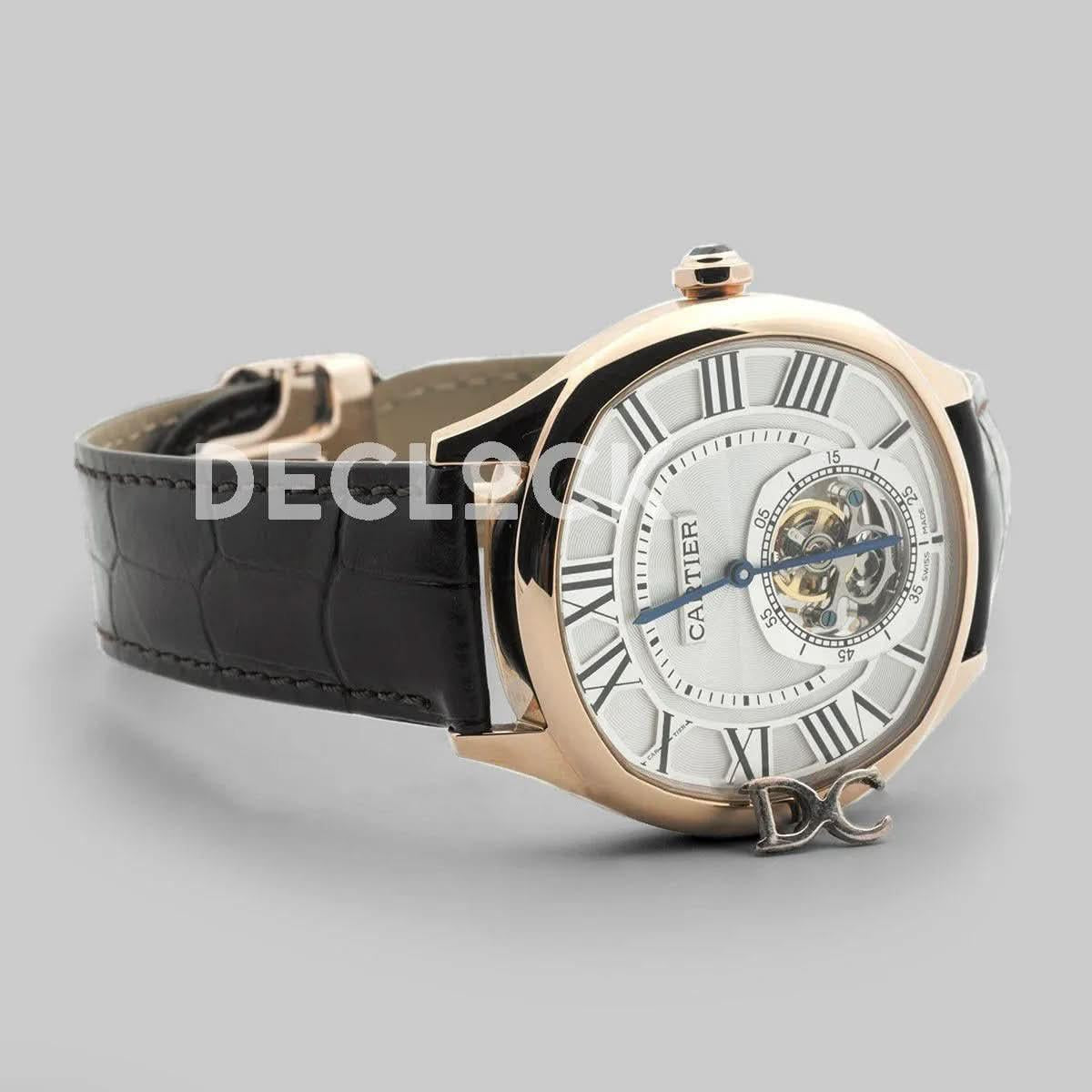 Replica Cartier Drive de Cartier Tourbillon White Dial in Rose Gold on Black Leather Strap |  Declock.