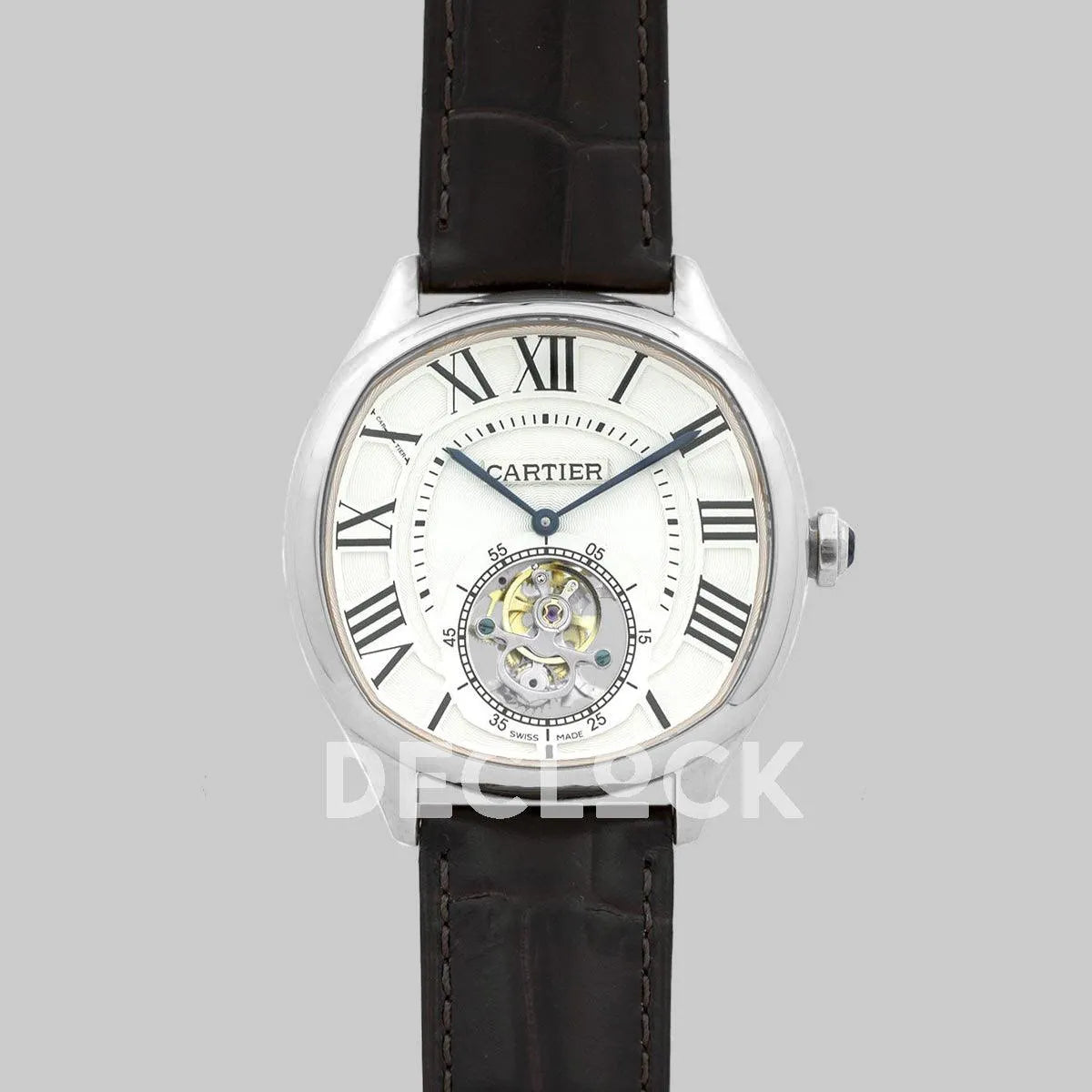 Replica Cartier Drive de Cartier Tourbillon White Dial in Steel on Black Leather Strap - Replica Watches