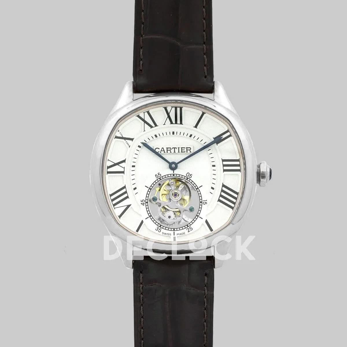 Replica Cartier Drive de Cartier Tourbillon White Dial in Steel on Black Leather Strap |  Declock.
