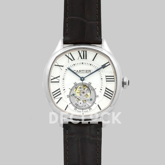 Replica Cartier Drive de Cartier Tourbillon White Dial in Steel on Black Leather Strap |  Declock.