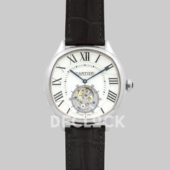 Replica Cartier Drive de Cartier Tourbillon White Dial in Steel on Black Leather Strap