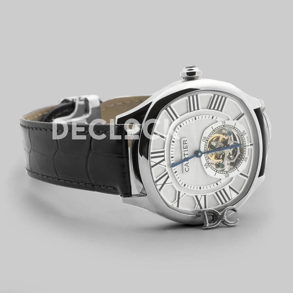 Replica Cartier Drive de Cartier Tourbillon White Dial in Steel on Black Leather Strap |  Declock.