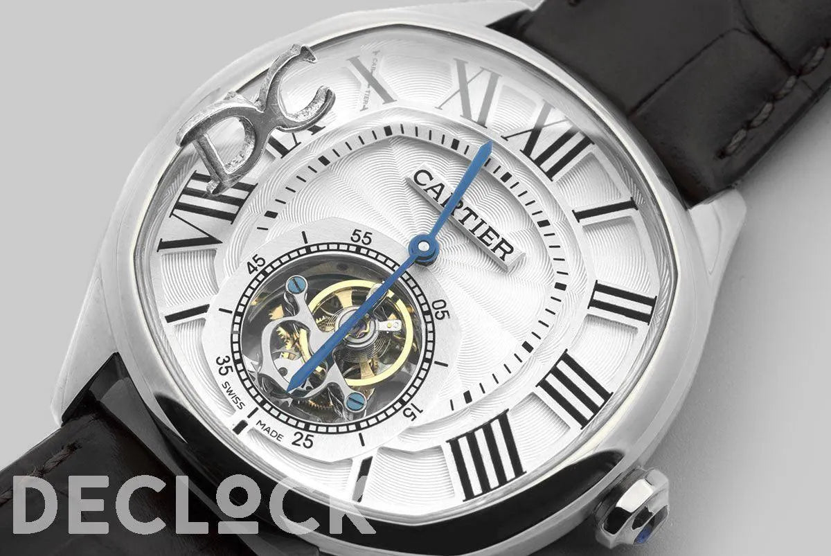 Replica Cartier Drive de Cartier Tourbillon White Dial in Steel on Black Leather Strap