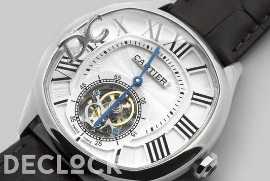 Replica Cartier Drive de Cartier Tourbillon White Dial in Steel on Black Leather Strap | Declock.
