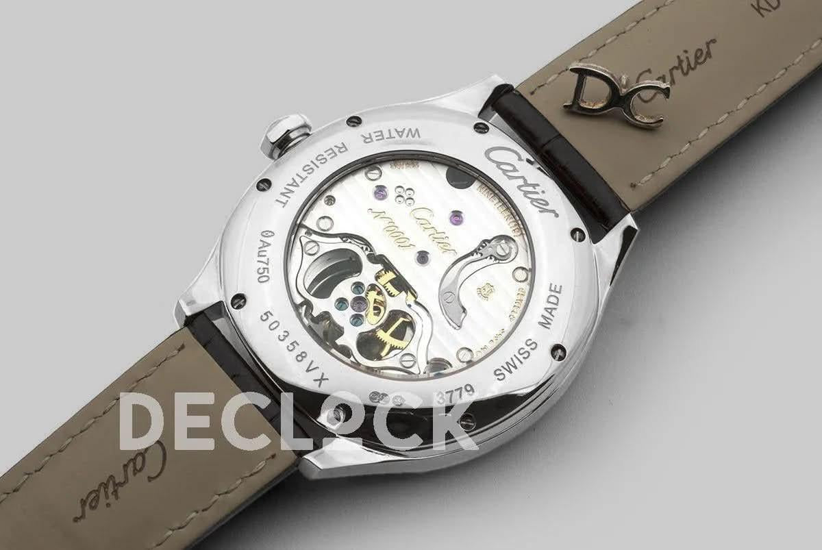 Replica Cartier Drive de Cartier Tourbillon White Dial in Steel on Black Leather Strap |  Declock.