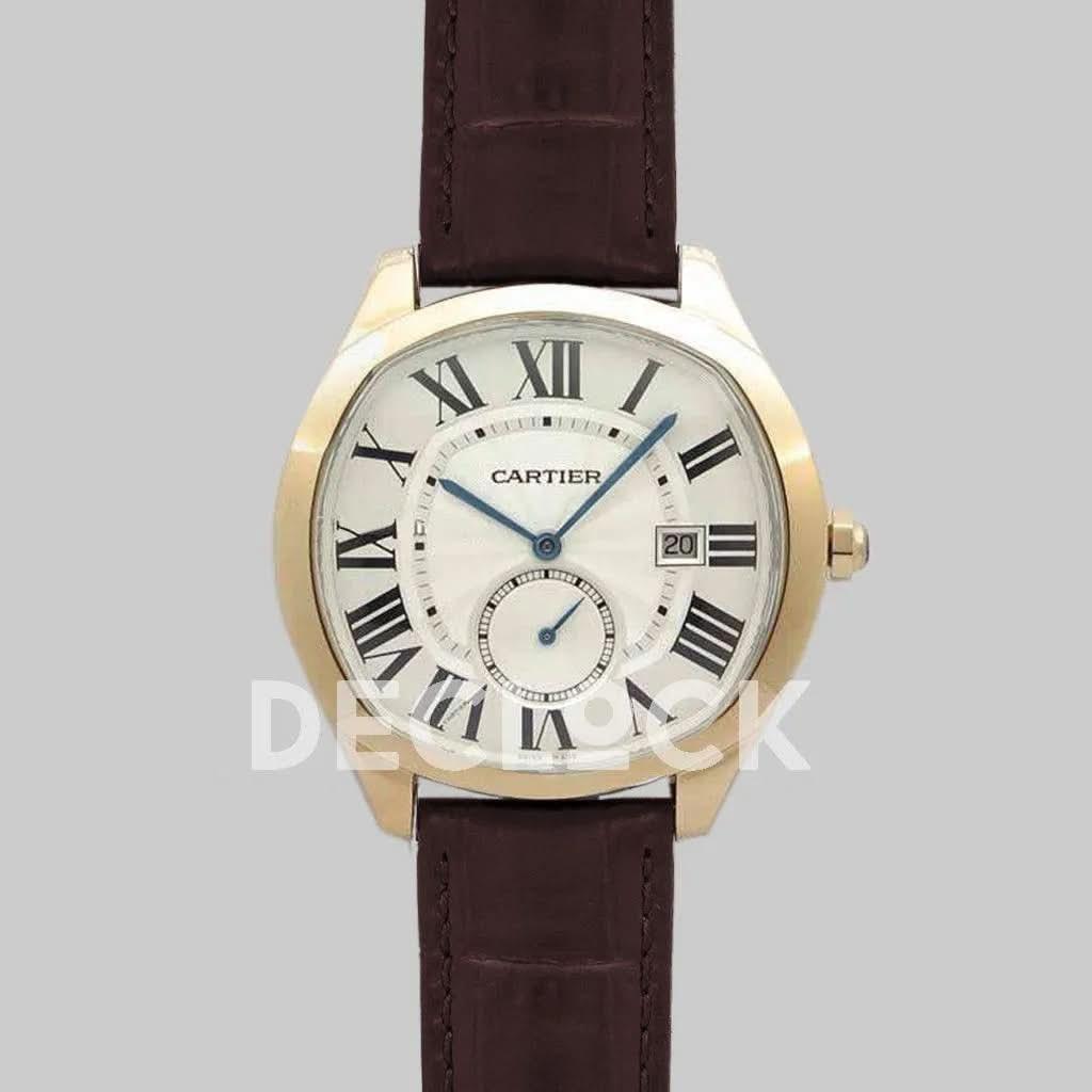 Replica Cartier Drive de Cartier White Dial in Rose Gold on Brown Leather Strap |  Declock.