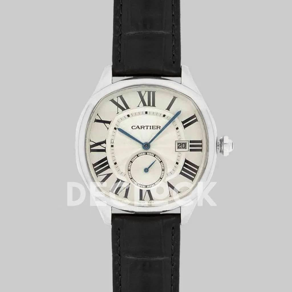 Replica Cartier Drive de Cartier White Dial in Steel on Black Leather Strap |  Declock.