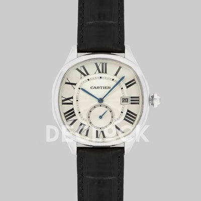 Replica Cartier Drive de Cartier White Dial in Steel on Black Leather Strap