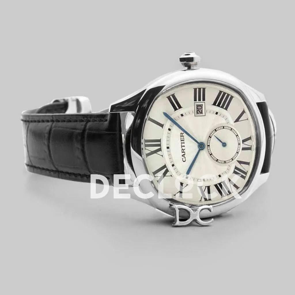 Replica Cartier Drive de Cartier White Dial in Steel on Black Leather Strap |  Declock.
