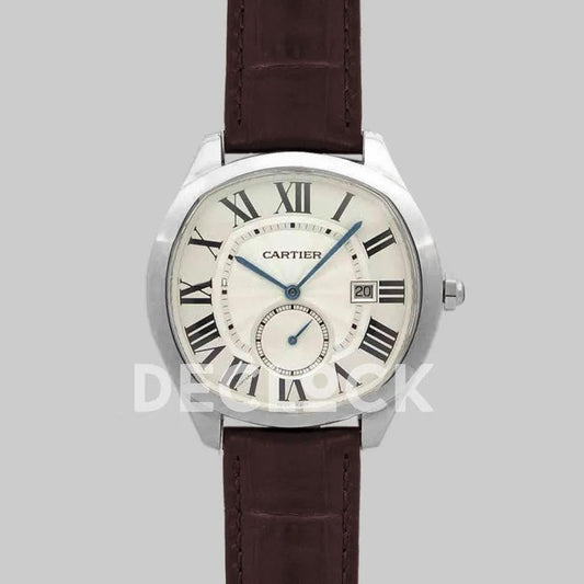 Replica Cartier Drive de Cartier White Dial in Steel on Brown Leather Strap | Declock.