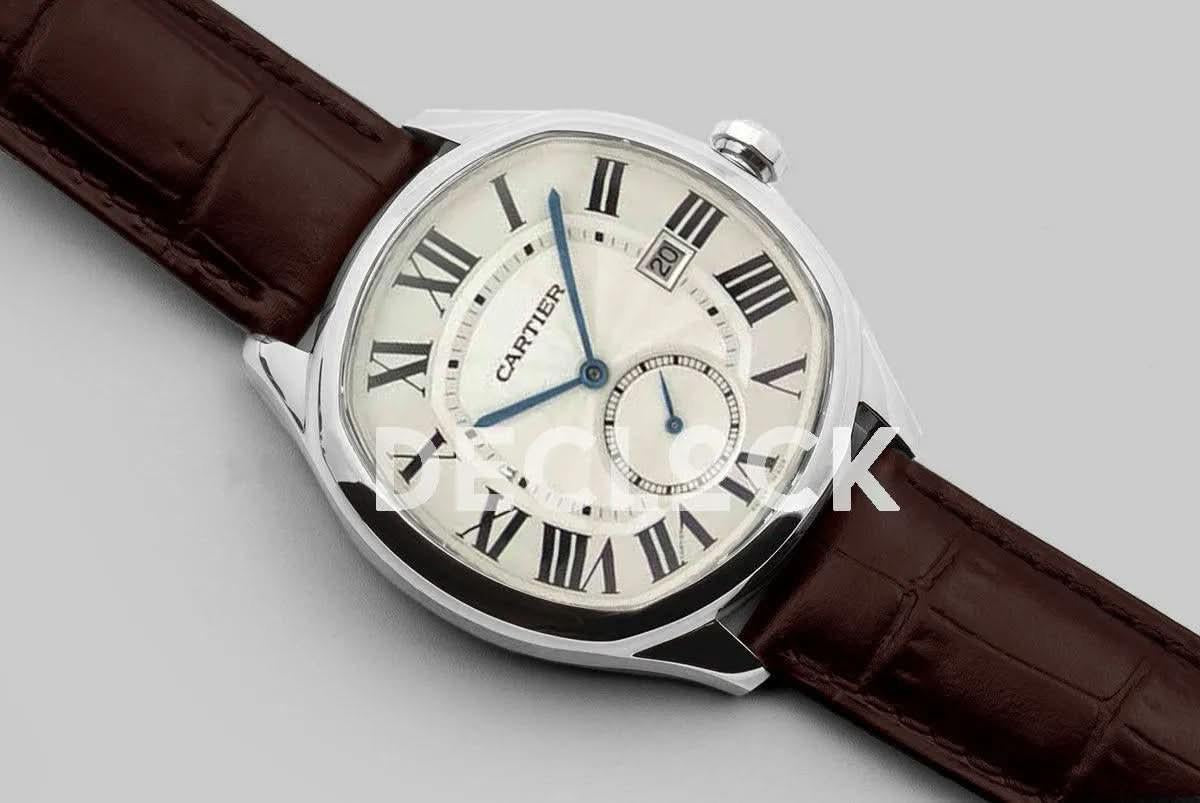Replica Cartier Drive de Cartier White Dial in Steel on Brown Leather Strap |  Declock.