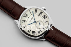 Replica Cartier Drive de Cartier White Dial in Steel on Brown Leather Strap