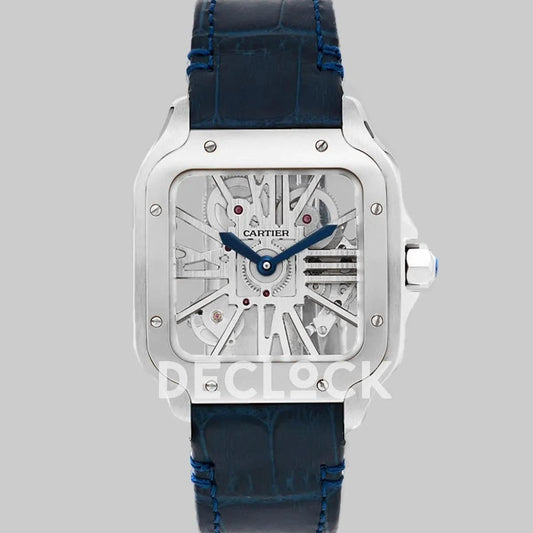 Replica Cartier Santos De Cartier Watch Skeleton Dial in Steel on Leather Strap | Declock.