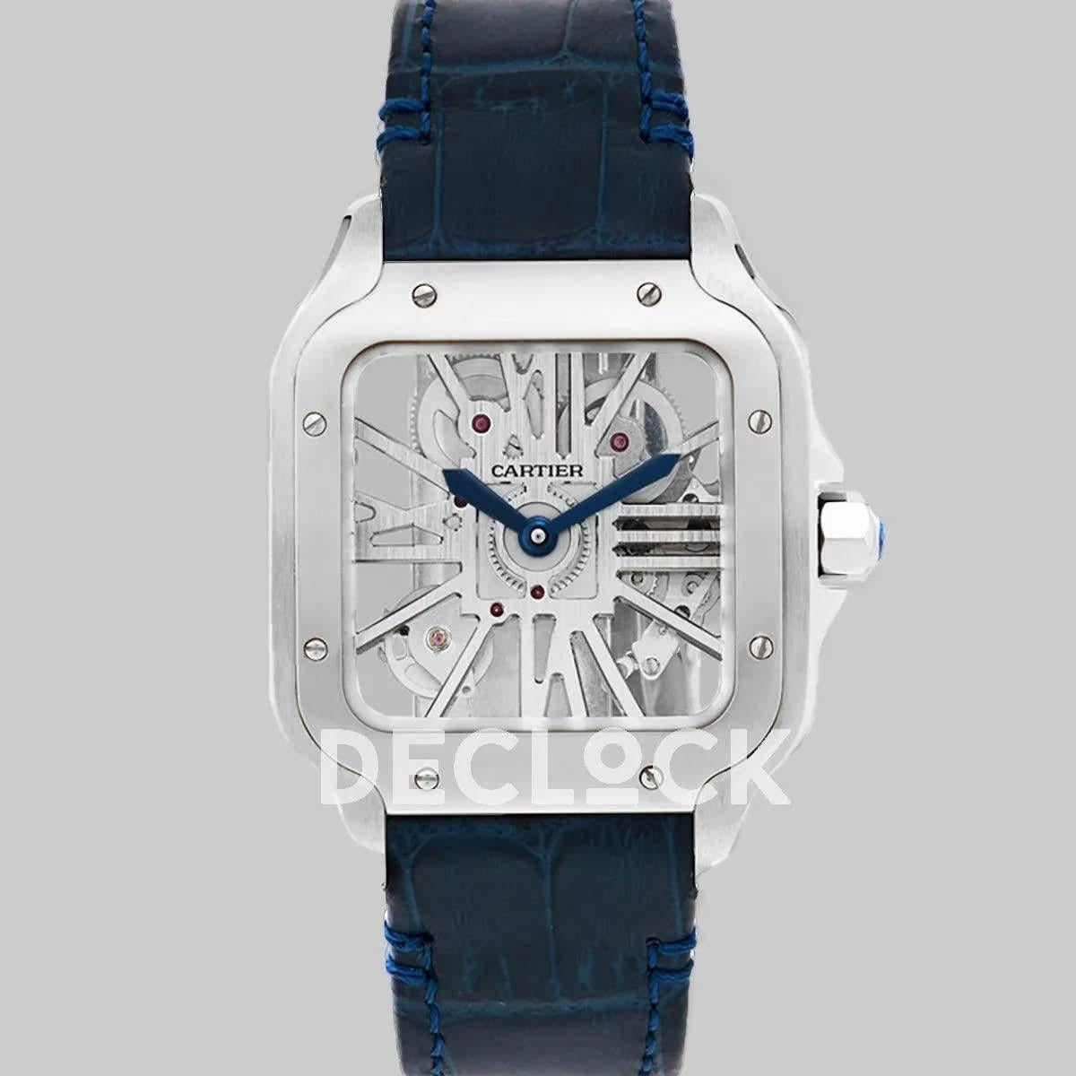 Replica Cartier Santos De Cartier Watch Skeleton Dial in Steel on Leather Strap |  Declock.
