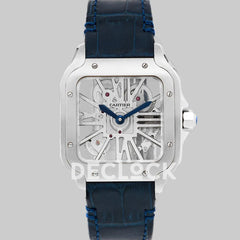 Replica Cartier Santos De Cartier Watch Skeleton Dial in Steel on Leather Strap