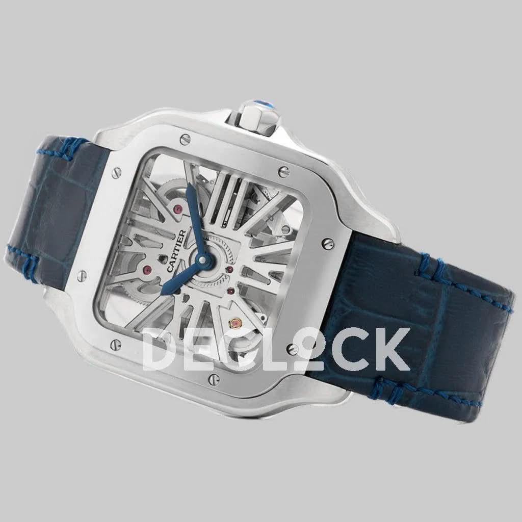 Replica Cartier Santos De Cartier Watch Skeleton Dial in Steel on Leather Strap |  Declock.