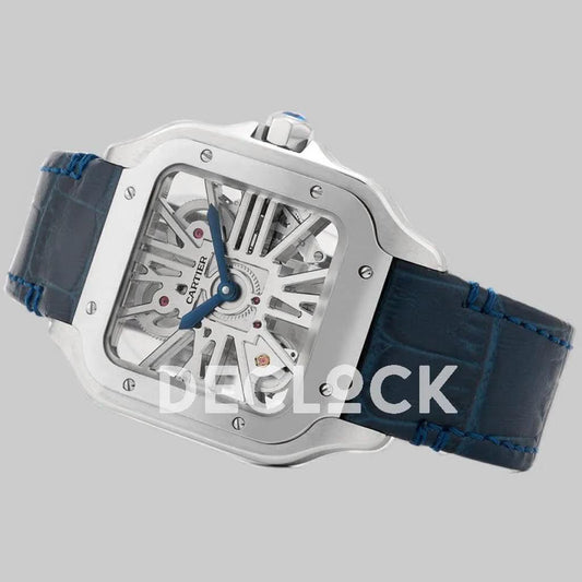 Replica Cartier Santos De Cartier Watch Skeleton Dial in Steel on Leather Strap |  Declock.