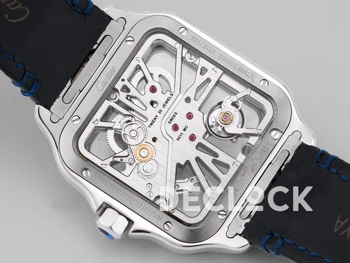 Replica Cartier Santos De Cartier Watch Skeleton Dial in Steel on Leather Strap