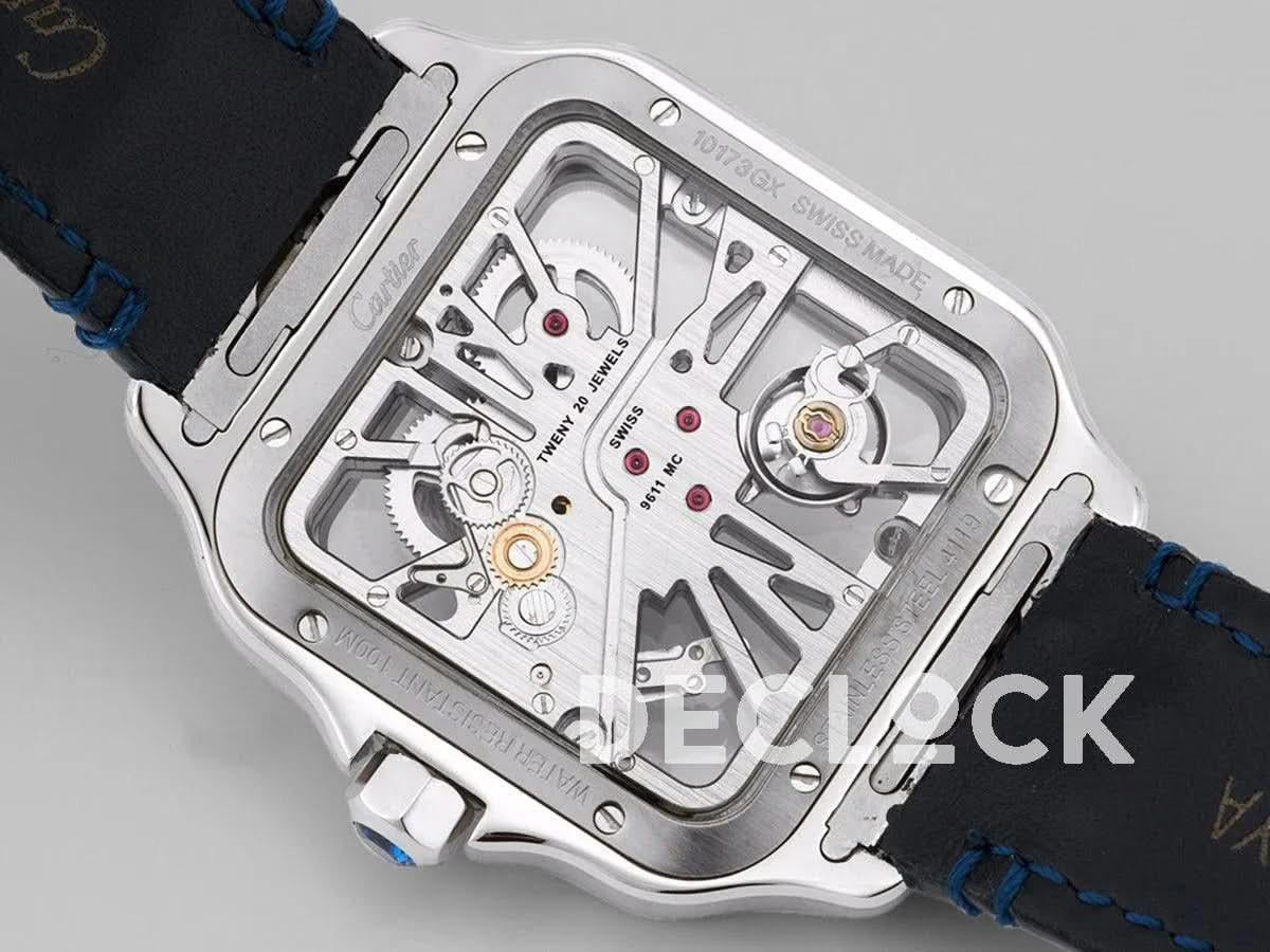 Replica Cartier Santos De Cartier Watch Skeleton Dial in Steel on Leather Strap |  Declock.