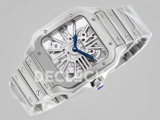 Replica Cartier Santos De Cartier Watch Skeleton Dial in Steel |  Declock.