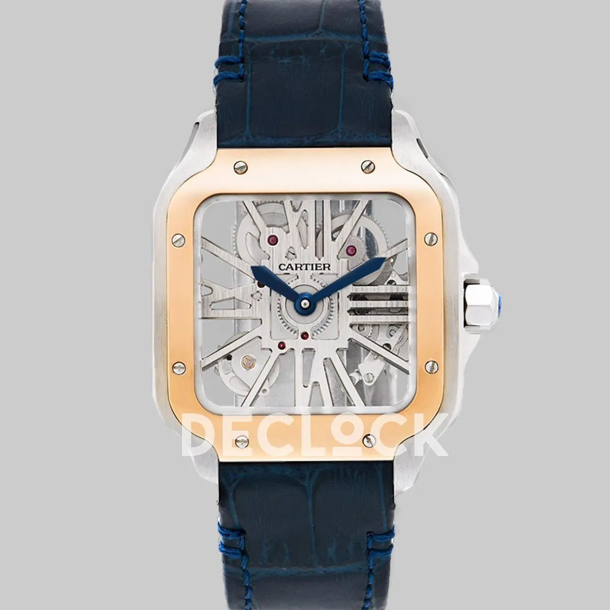 Replica Cartier Santos De Cartier Watch Skeleton Dial in Steel/Rose Gold on Leather Strap