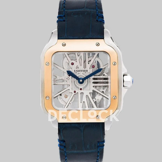 Replica Cartier Santos De Cartier Watch Skeleton Dial in Steel/Rose Gold on Leather Strap | Declock.