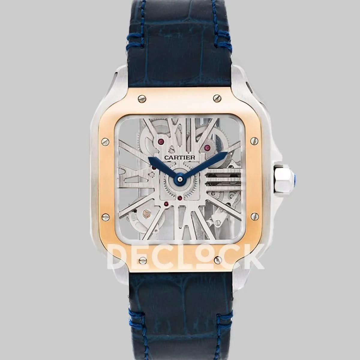 Replica Cartier Santos De Cartier Watch Skeleton Dial in Steel/Rose Gold on Leather Strap |  Declock.