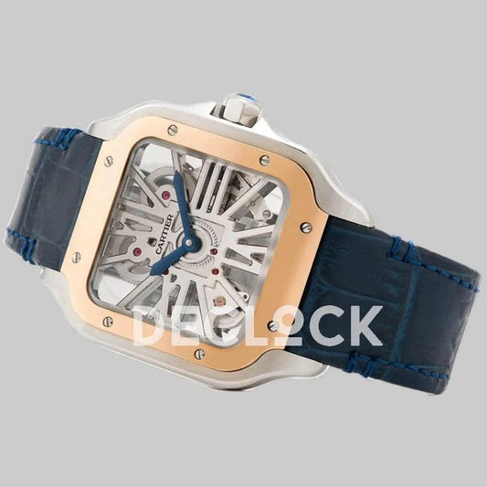 Replica Cartier Santos De Cartier Watch Skeleton Dial in Steel/Rose Gold on Leather Strap | Declock.