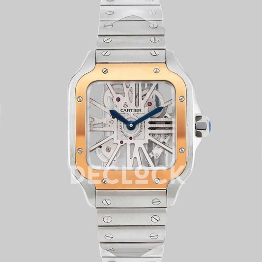 Replica Cartier Santos De Cartier Watch Skeleton Dial in Steel/Rose Gold |  Declock.