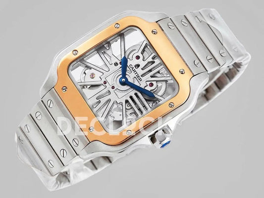 Replica Cartier Santos De Cartier Watch Skeleton Dial in Steel/Rose Gold |  Declock.