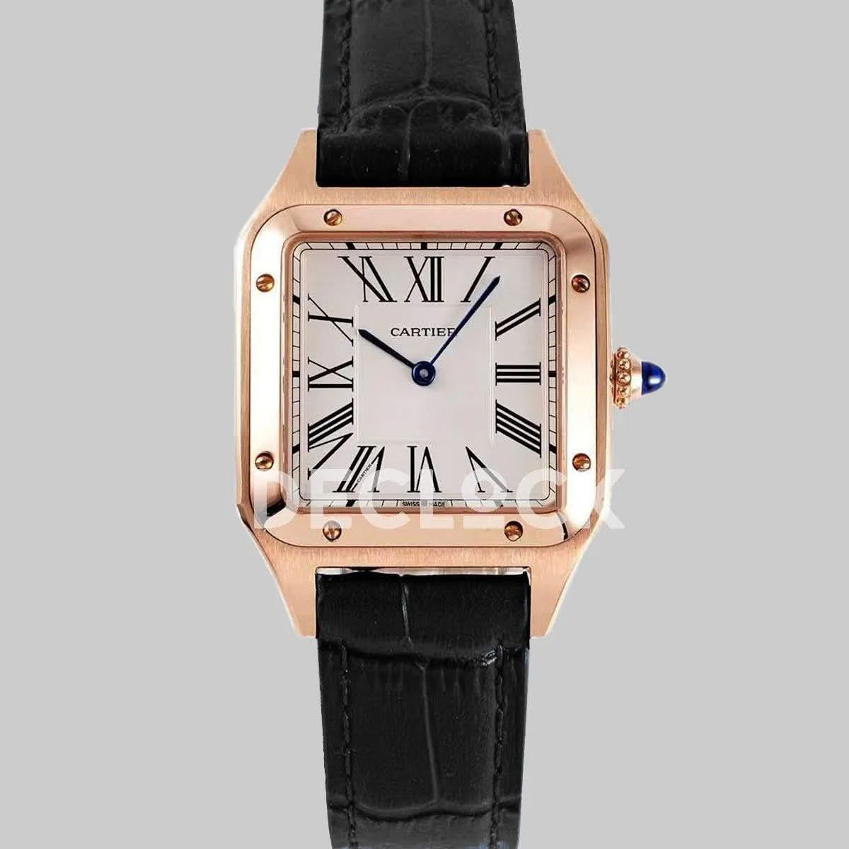 Replica Cartier Santos-Dumont White Dial in Rose Gold on Black Leather Strap |  Declock.