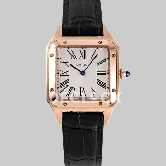 Replica Cartier Santos-Dumont White Dial in Rose Gold on Black Leather Strap |  Declock.