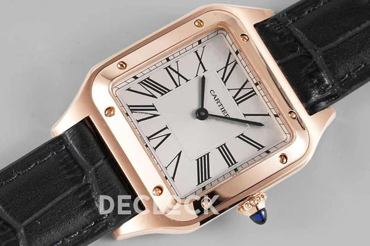 Replica Cartier Santos-Dumont White Dial in Rose Gold on Black Leather Strap | Declock.