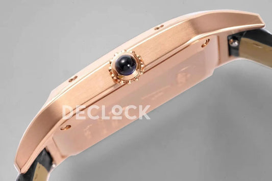 Replica Cartier Santos-Dumont White Dial in Rose Gold on Black Leather Strap | Declock.
