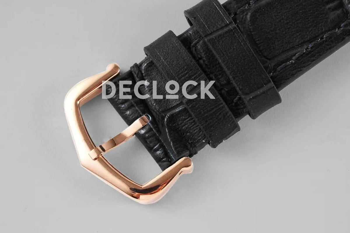 Replica Cartier Santos-Dumont White Dial in Rose Gold on Black Leather Strap |  Declock.