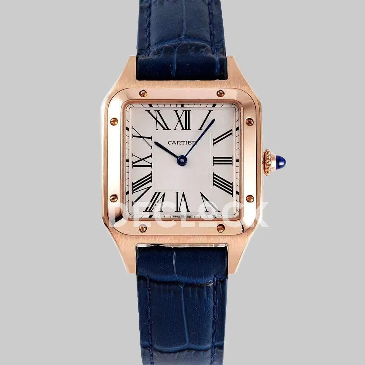 Replica Cartier Santos-Dumont White Dial in Rose Gold on Blue Leather Strap |  Declock.