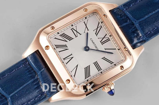 Replica Cartier Santos-Dumont White Dial in Rose Gold on Blue Leather Strap |  Declock.