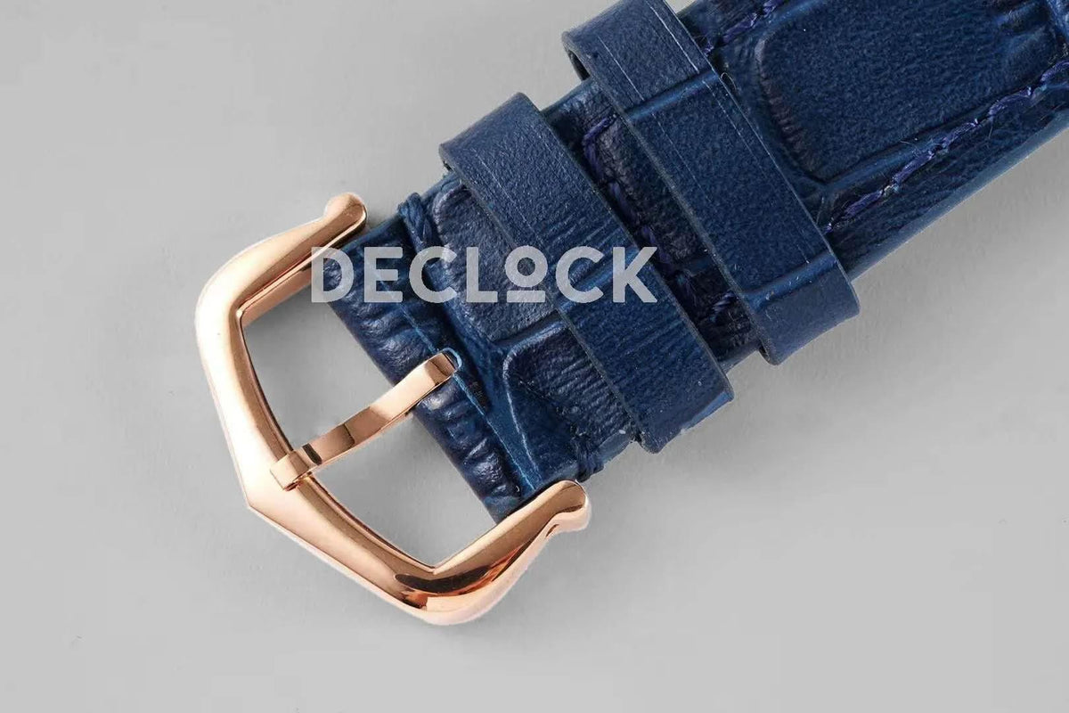 Replica Cartier Santos-Dumont White Dial in Rose Gold on Blue Leather Strap |  Declock.
