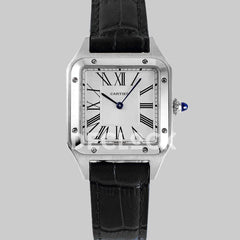 Replica Cartier Santos-Dumont White Dial in Steel on Black Leather Strap